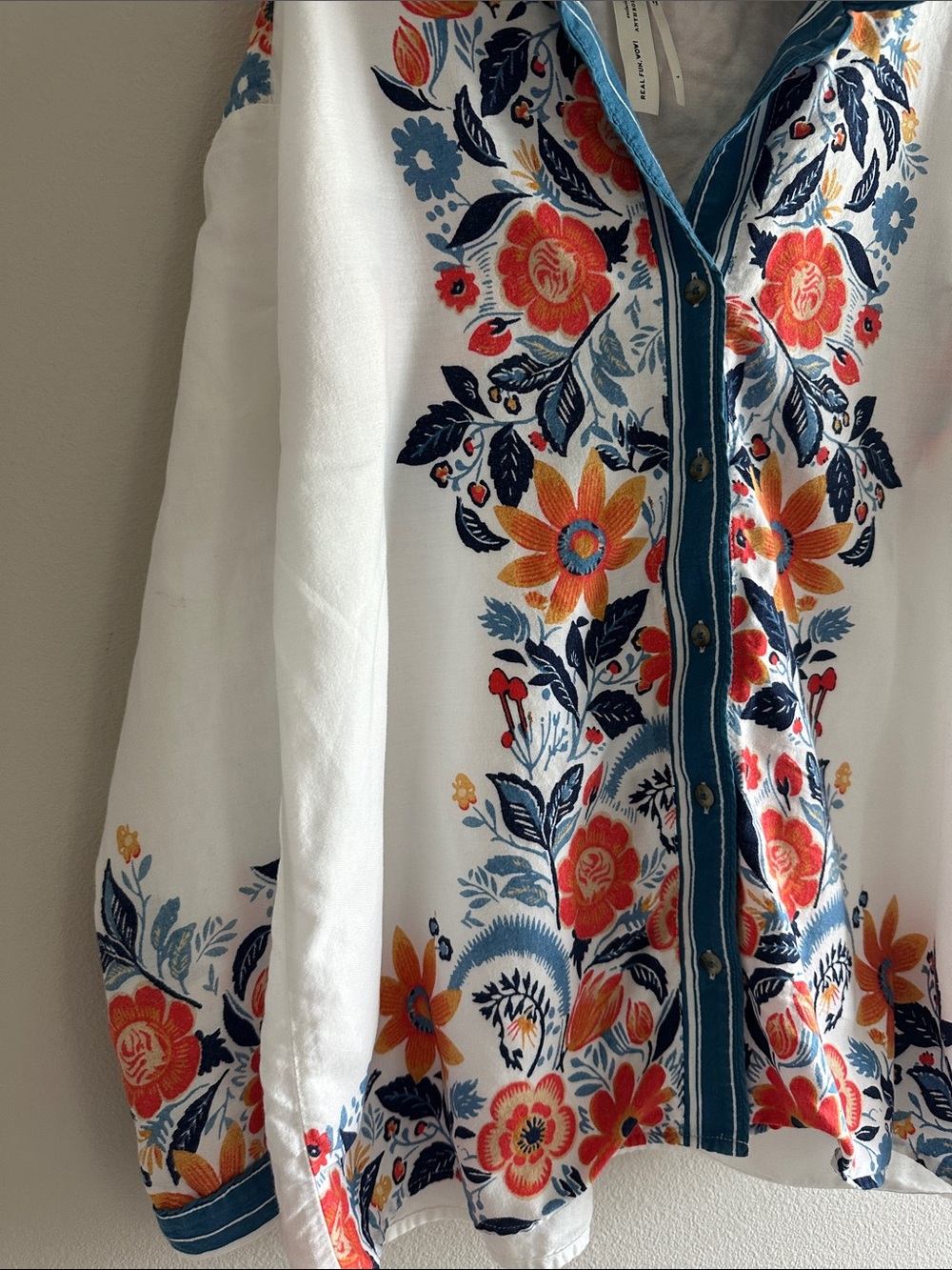Anthropologie White With Teal Blue And Orange Floral Design Shirt - Picture 7 of 15
